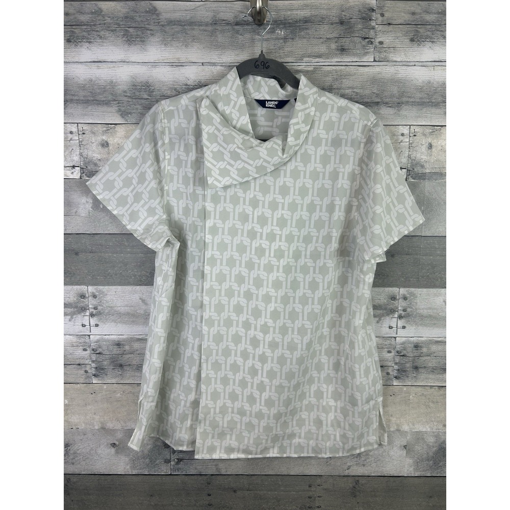 lands' end Drape Neck Blouse Sz 10 Morning Mist Chain Link Officecorp Business
